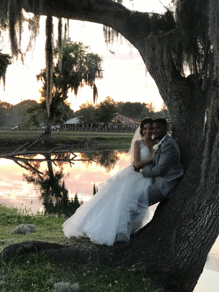 bride in Stella York ballgown & groom sitting in tree
